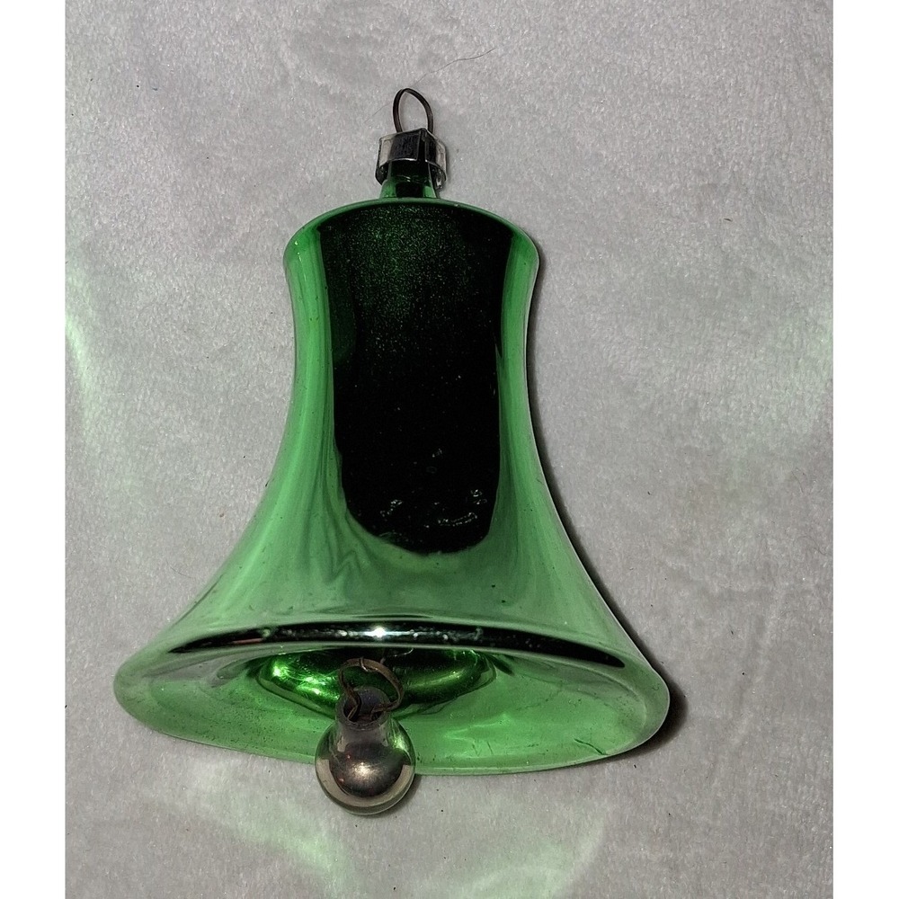 Vintage West Germany Green Glass Bell Christmas Ornament 3" Glass Clapper
